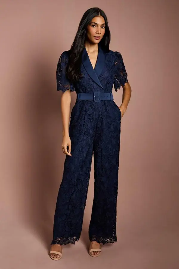 Coast Women's Short Sleeve Lace Wide Leg Jumpsuit in Navy