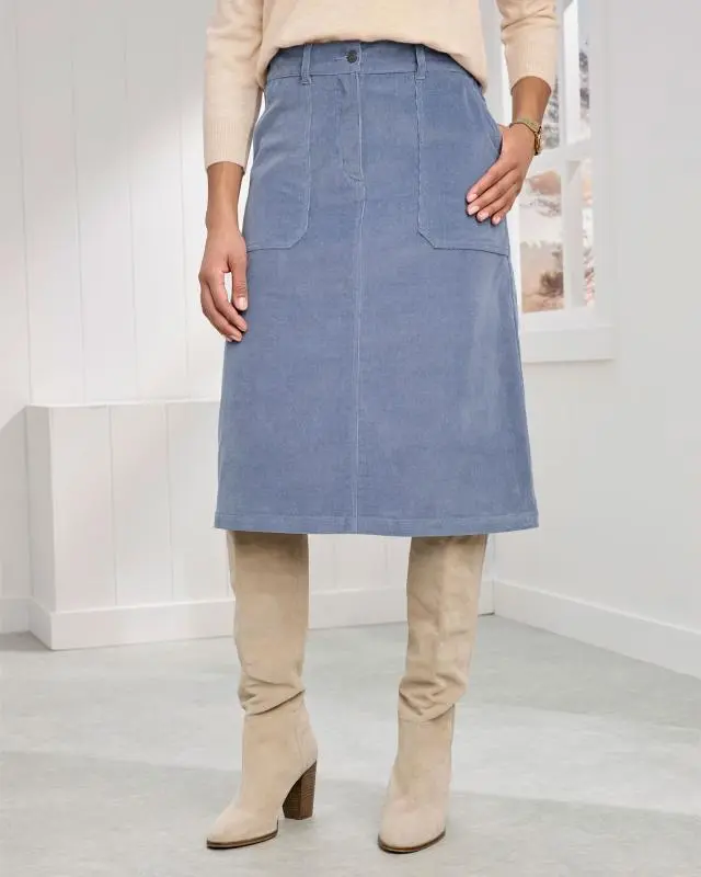 Cotton Traders Women's Stretch Cord Midi Skirt in Blue, Cotton/Elastane