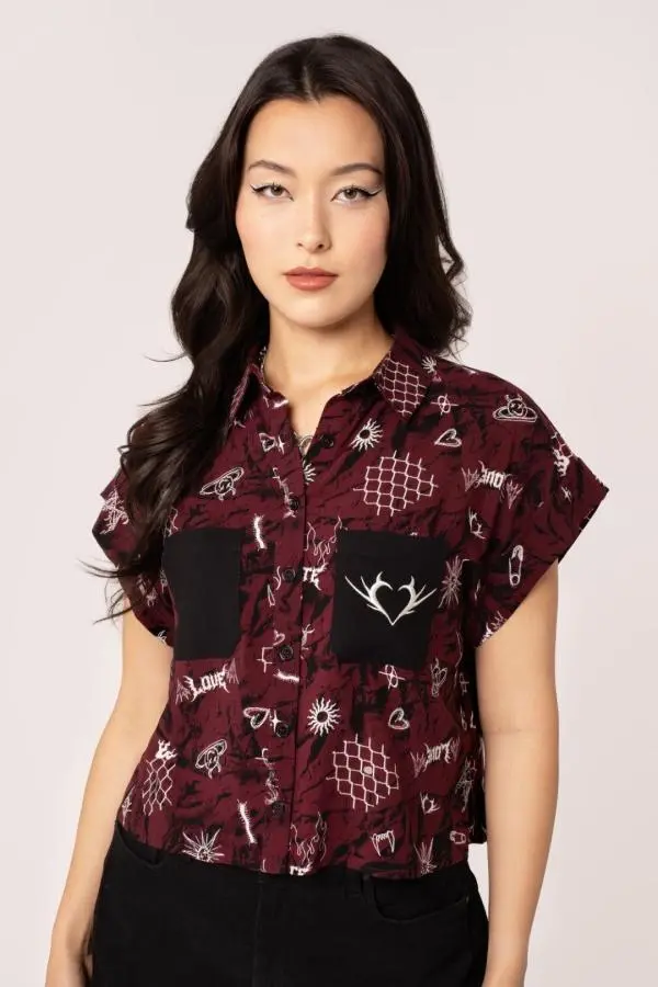 Hell Bunny Women's Doomed Deep Red Grungy Printed Shirt in Black | Size: XS
