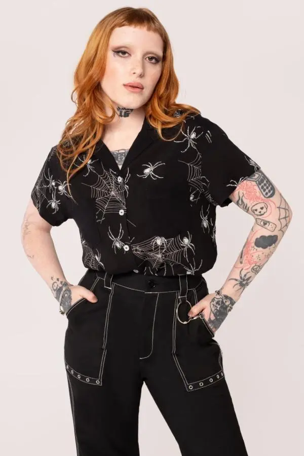 Hell Bunny Women's Grungy Printed Spider Short Sleeve Shirt in Black | Size: XS