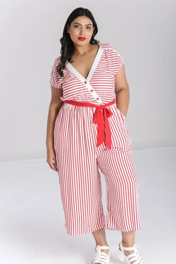 Hell Bunny Women's Ahoy Printed Red White Striped Jumpsuit | Size: XS
