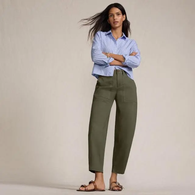 Lands' End Women's Barrel Leg Chinos, High Waisted in Dark Green | Size: 16