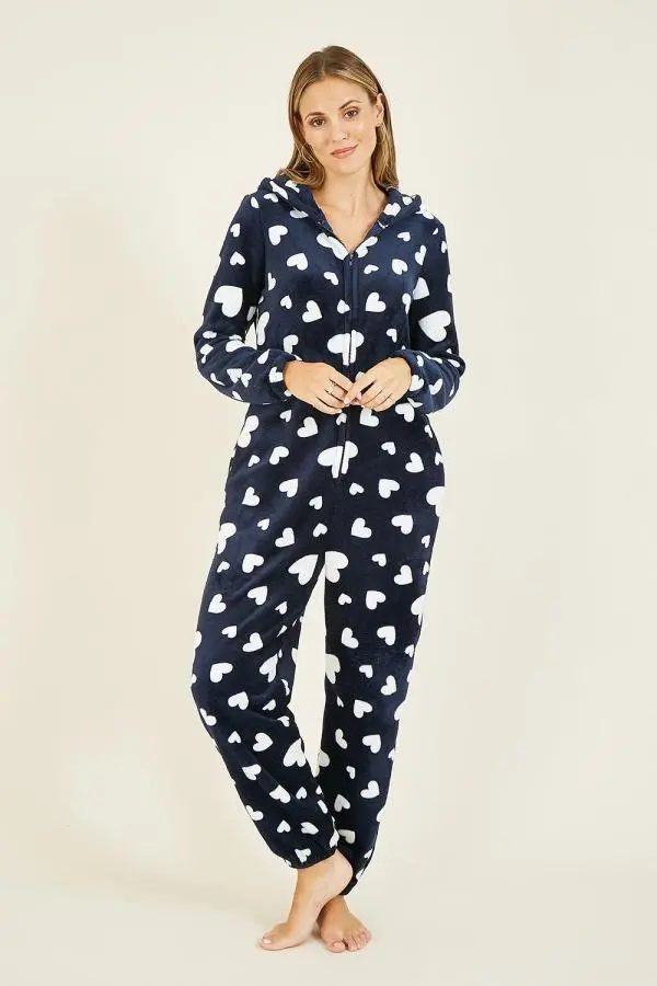 Yumi Women's Navy Heart Super Soft Onesie With Pockets | Size: 10