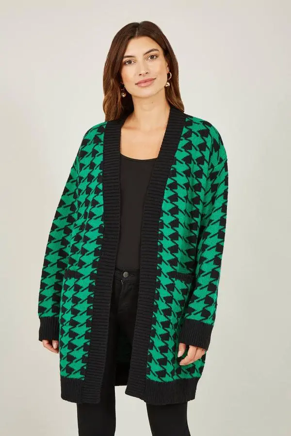 Yumi Women's Green Dogtooth Intarsia Knit Long Cardigan | Size: S/M