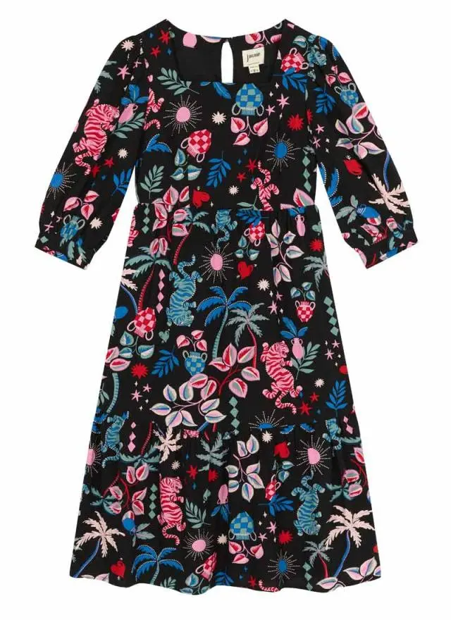 Joanie Clothing Candi Tropical Tiger Print Square Neck Midi Dress