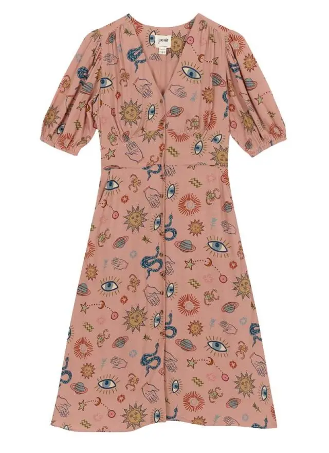 Joanie Clothing Rebecca Mystical Print Puff Sleeve Midi Dress