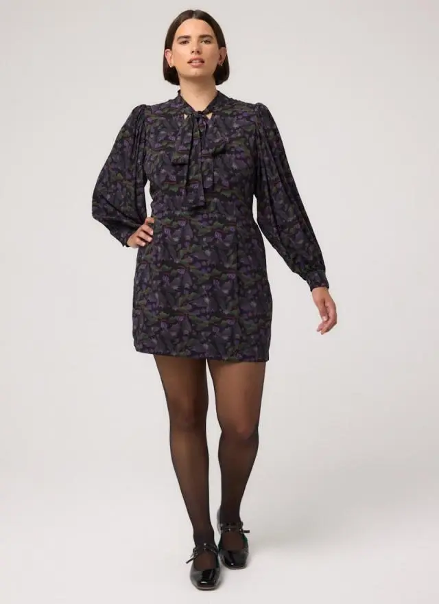 Joanie Clothing Nolly Bat Print Pussy Bow Mini Dress