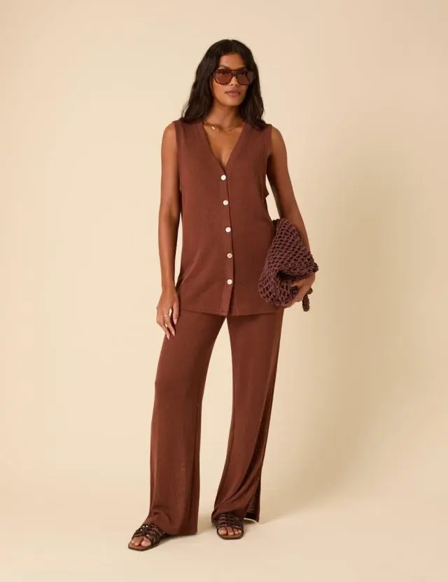 Brown Textured Wide Leg Trousers