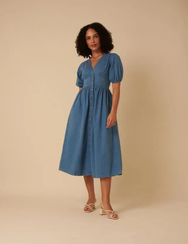 Mid Wash Blue Denim Starlight Midi Dress