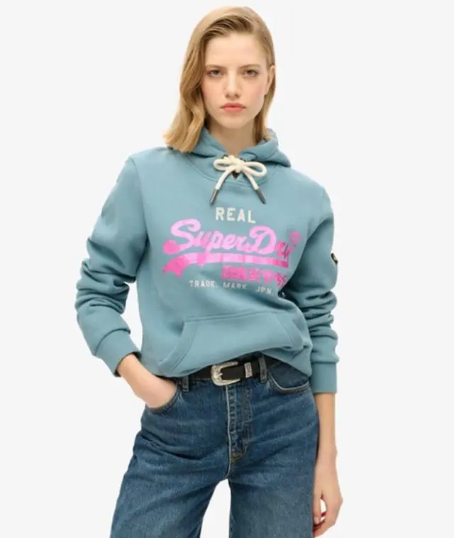 Superdry Women's Embellished Vintage Logo Graphic Hoodie Blue / Aegean Blue -