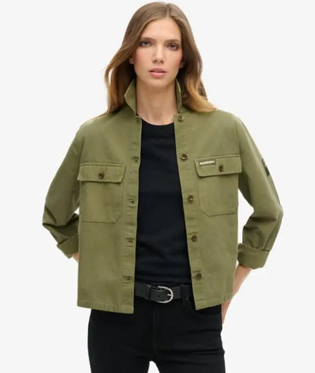 Superdry Women's Cotton Embellished Military Overshirt, Khaki,