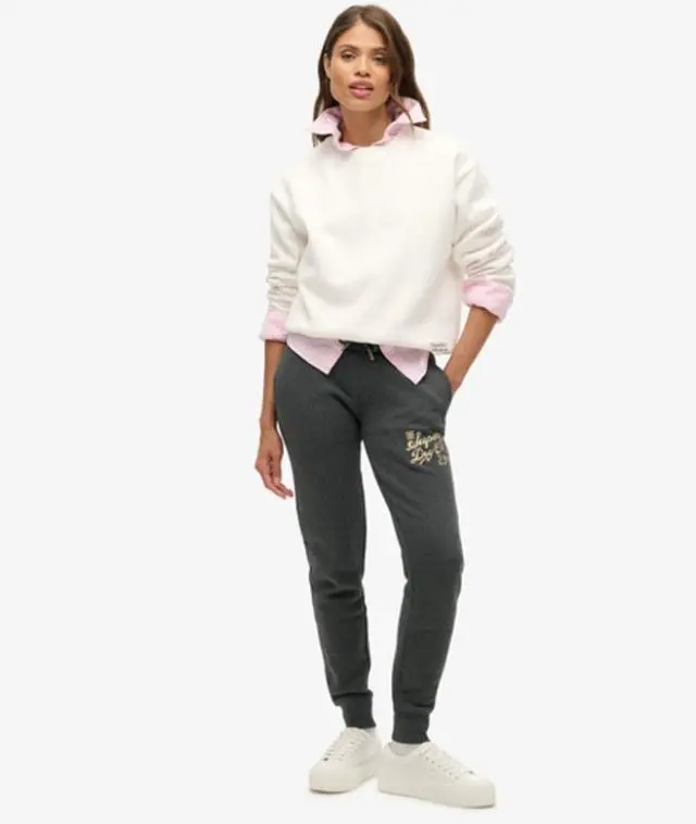 Superdry Women's Metallic Logo Luxe Slim Joggers, Dark Grey,