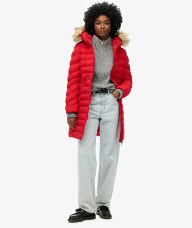 Superdry Women's Fuji Faux Fur Hood Mid Length Puffer Coat Red -