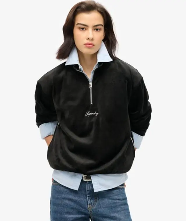 Superdry Women's Country Club Velour Half-zip Black -