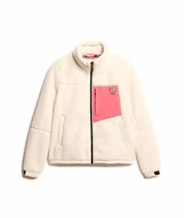 Superdry Women's Classic Logo Badge Non Hooded Borg Jacket, White and Coral,