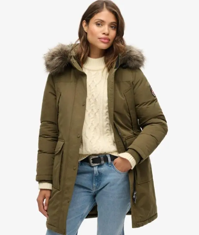 Superdry Women's Everest Faux Fur Parka Coat Green / Grey Marl/jaffa -
