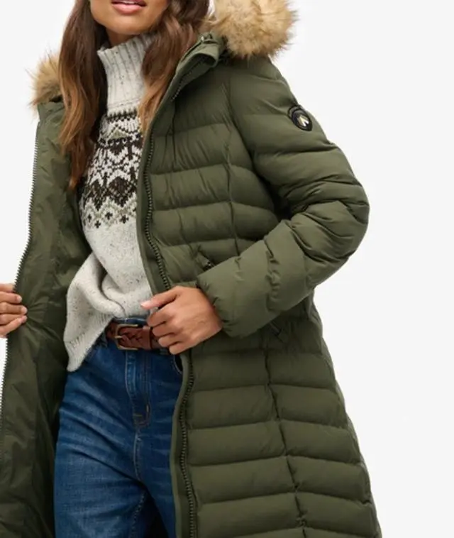 Superdry Women's Fuji Faux Fur Hooded Longline Green / Beetle Green -