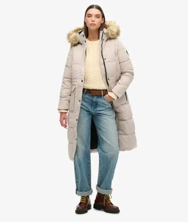 Superdry Women's Fully Lined Quilted Everest Longline Puffer Coat, Beige,
