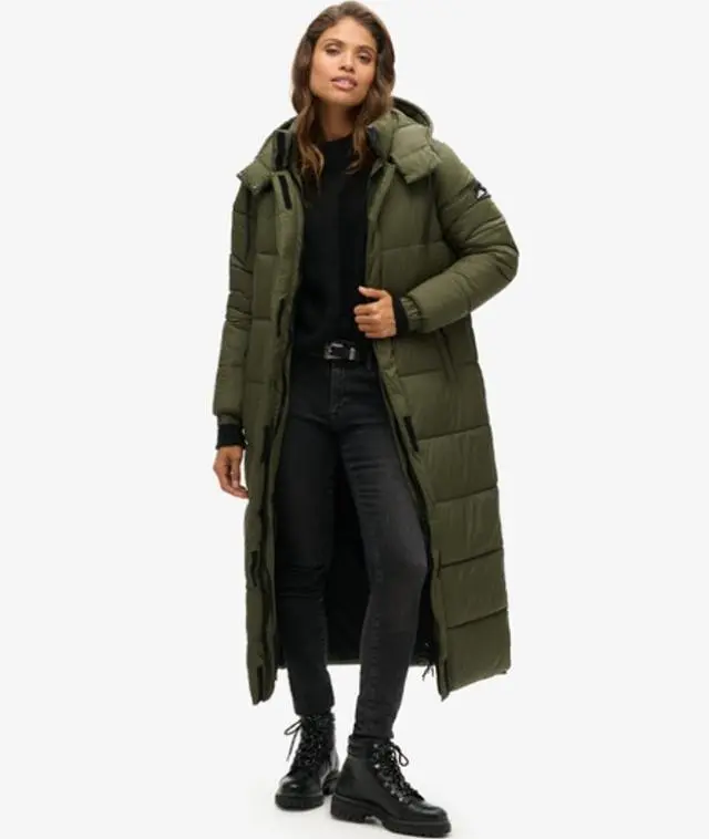 Superdry Women's Classic Quilted Ripstop Longline Puffer Coat, Khaki,
