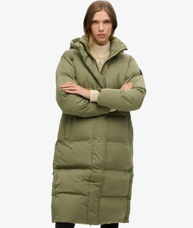 Superdry Women's Classic Logo Badge Hooded Longline Puffer Coat, Khaki,