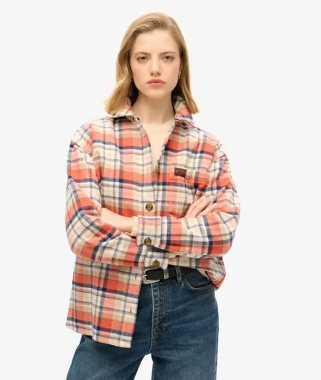Superdry Women's Check Flannel Overshirt Cream / Ivory & Coral Check -