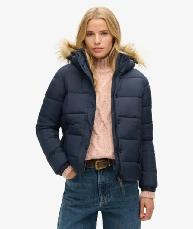 Superdry Women's Faux Fur Short Hooded Puffer Jacket Navy / Eclipse Navy -