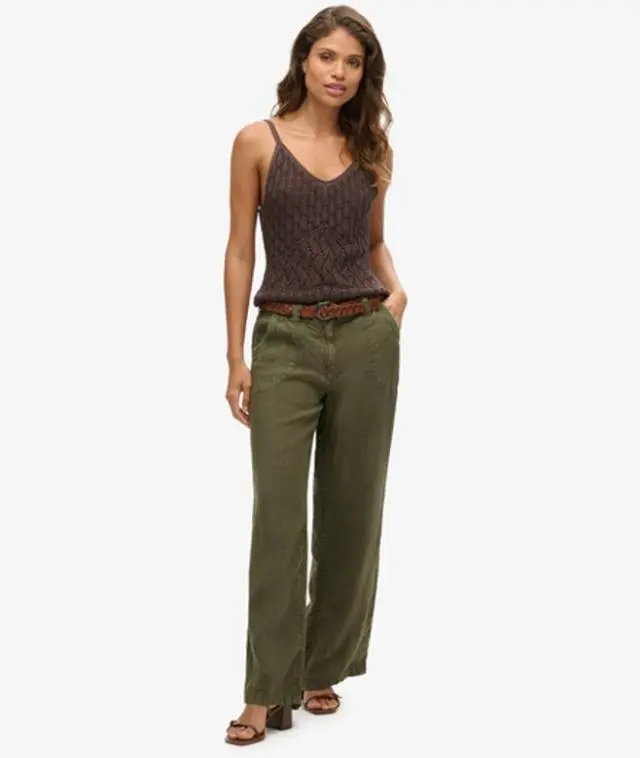 Superdry Women's Linen Low Rise Pants Khaki / Washed Khaki -