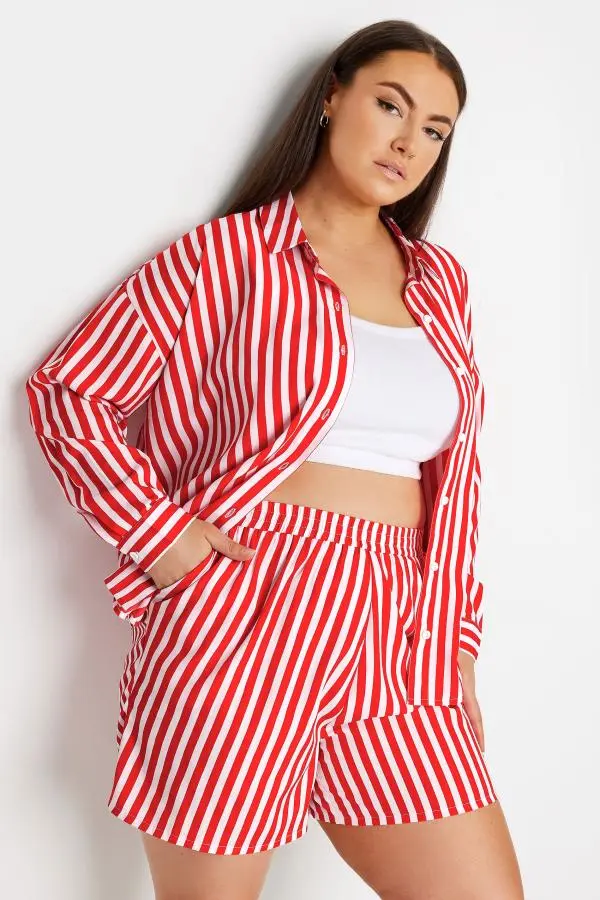Yours Plus Size Red Stripe Print Shorts Size 38-40