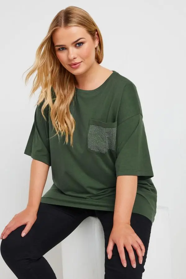 Yours Plus Size Green Stud Embellished Pocket Oversized Tshirt Size 34-36