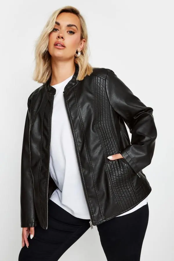 Yours Plus Size Black Collarless Faux Leather Jacket Size 30-32