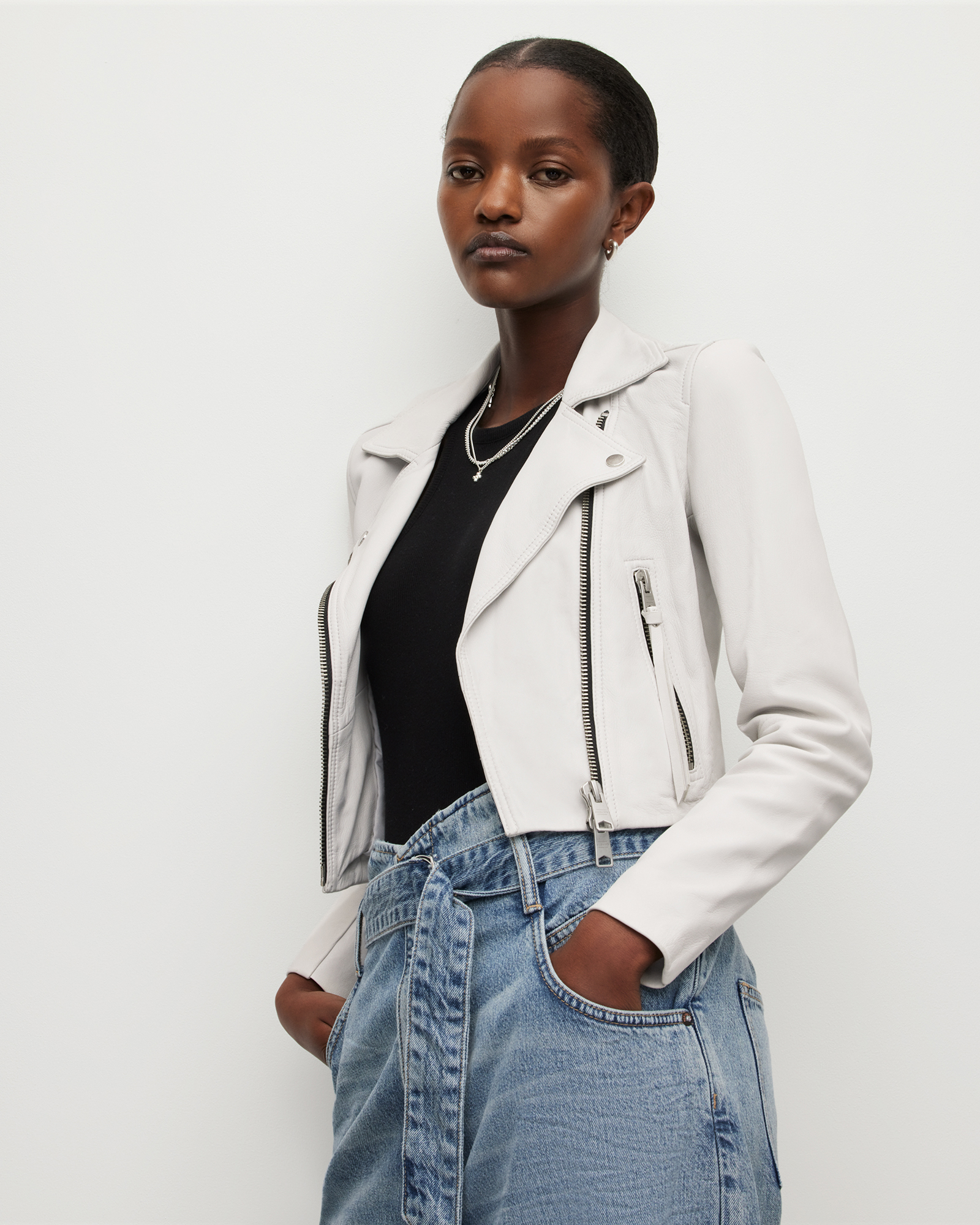 Pockets For Women AllSaints Elora Cropped Leather Biker Jacket