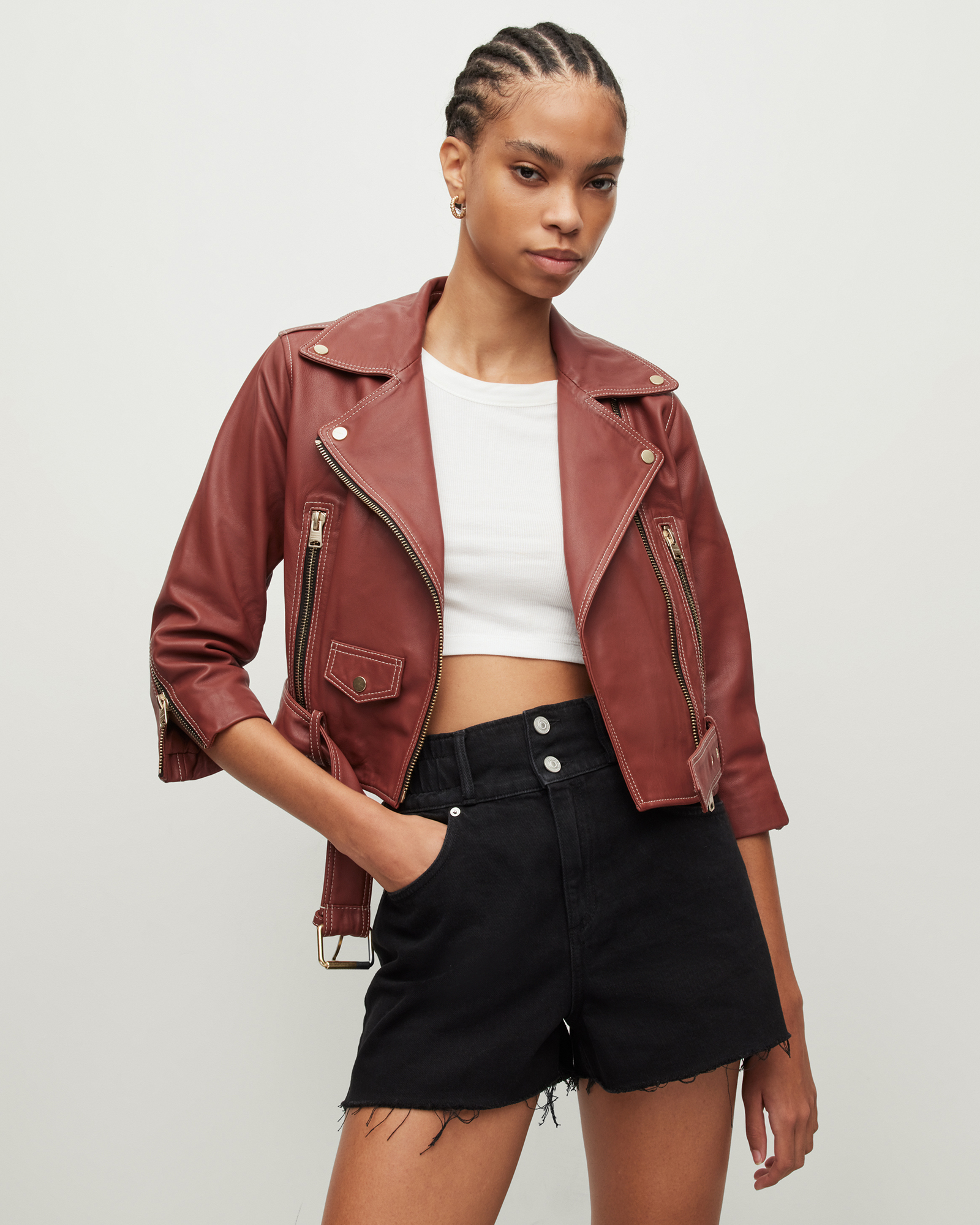All saints cropped leather jacket on sale