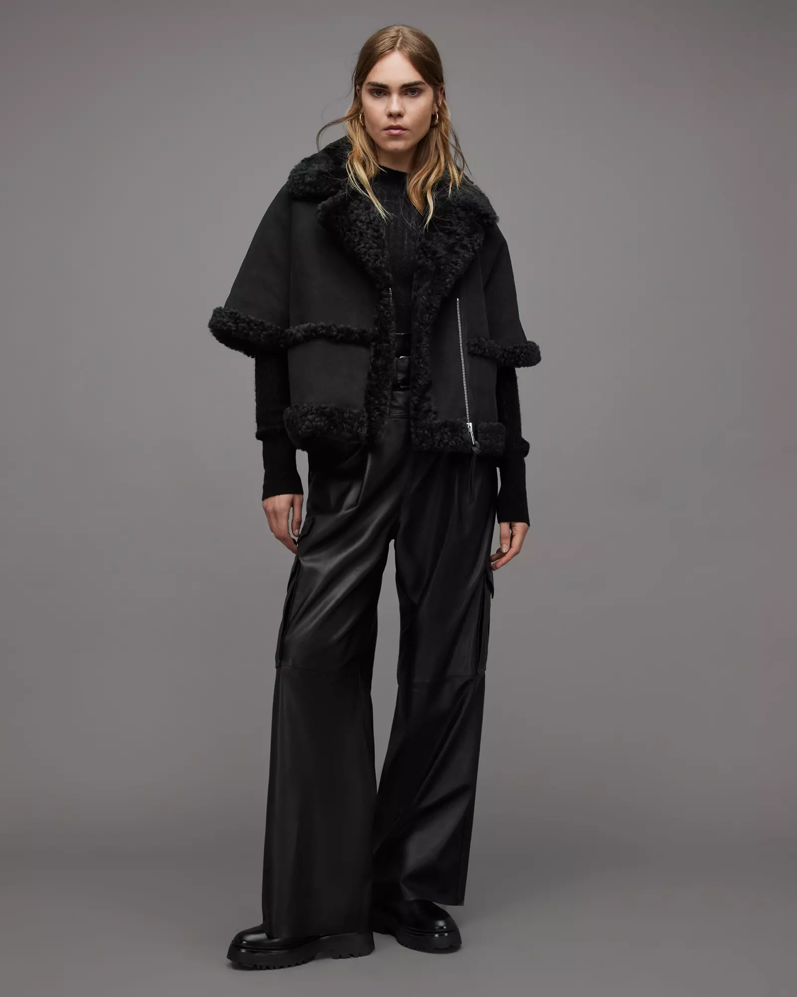Pockets For Women AllSaints Mixi Farley Shearling Relaxed Fit Jacket