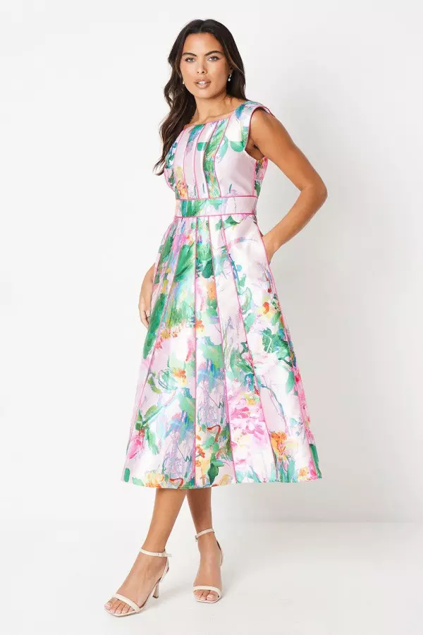 Printed Twill Seamed Midi Dress With Piping