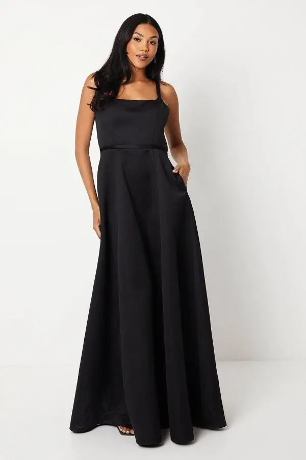 Structured Satin Full Skirted Maxi Dress - Black