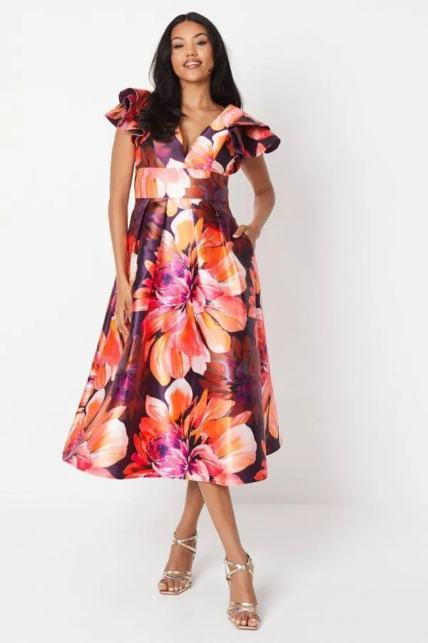 Coast Women's Frill Shoulder Plunge Twill Midi Wedding Guest Dress 