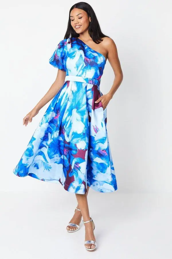Coast Women's Printed One Shoulder Midi Wedding Guest Dress in Blue 
