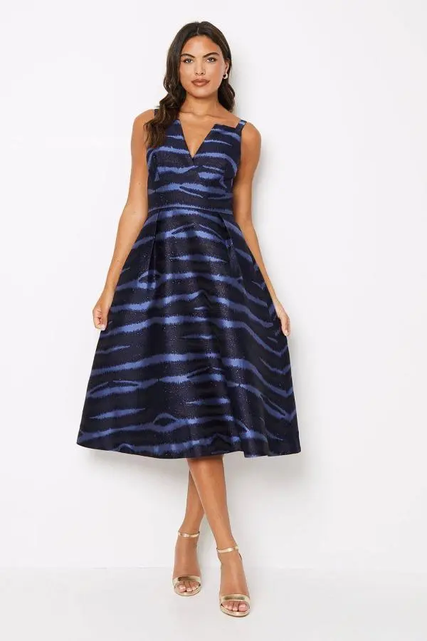 Coast Women's Notch Neck Stripe Jacquard Midi Wedding Guest Dress in Navy