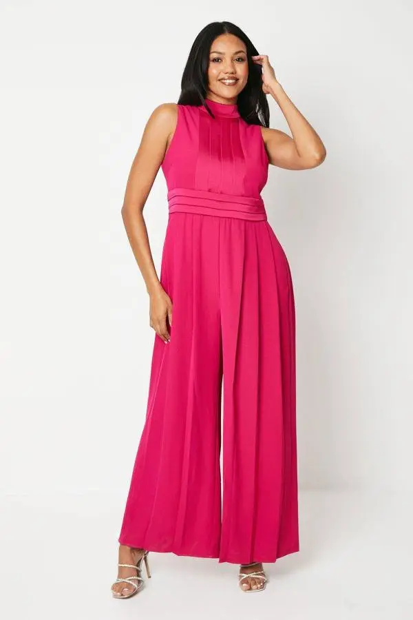 Coast Women's High Neck Pleated Belted Jumpsuit in Magenta 