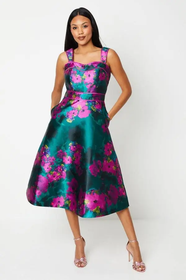 Coast Women's Floral Print Panelled Bodice Midi Wedding Guest Dress 