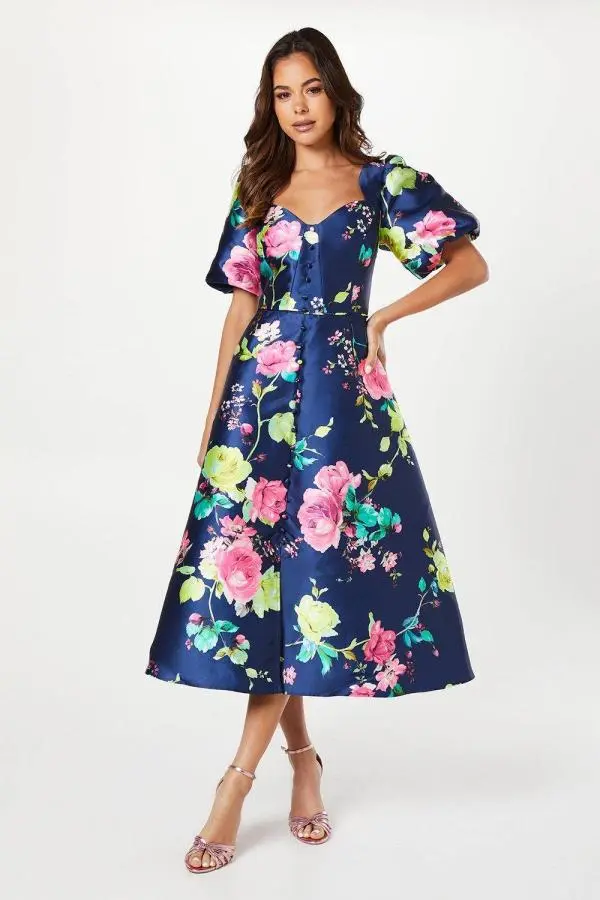 Coast Women's Floral Print Puff Sleeve Midi Dress in Navy 