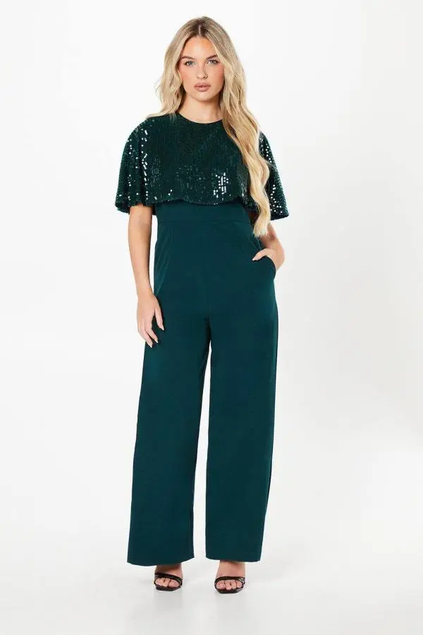 Coast Women's Petite Party Sequin Cape Jumpsuit in Forest 