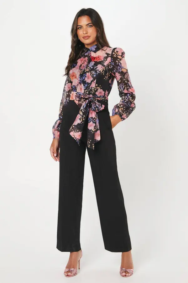 Coast Women's Blouson Sleeve Pintuck Detail Wide Leg Wedding Guest Jumpsuit in Black 