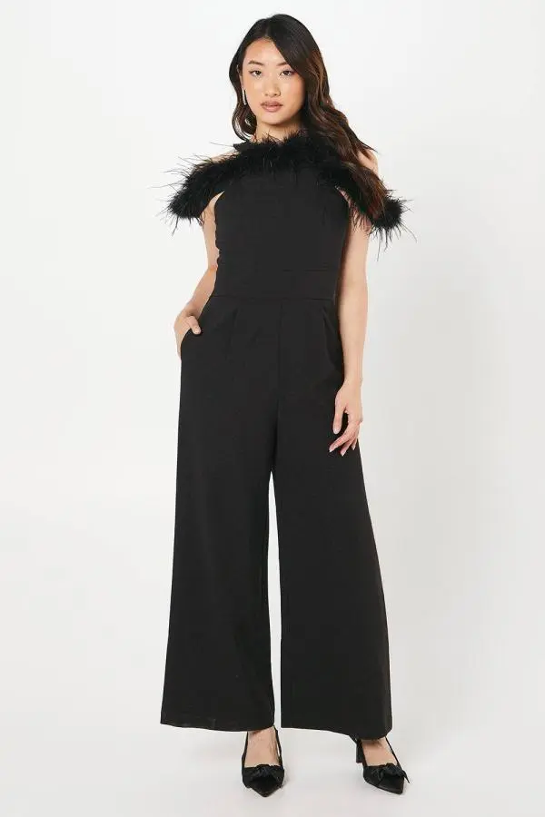 Coast Women's Feather Off-Shoulder Jumpsuit in Black 