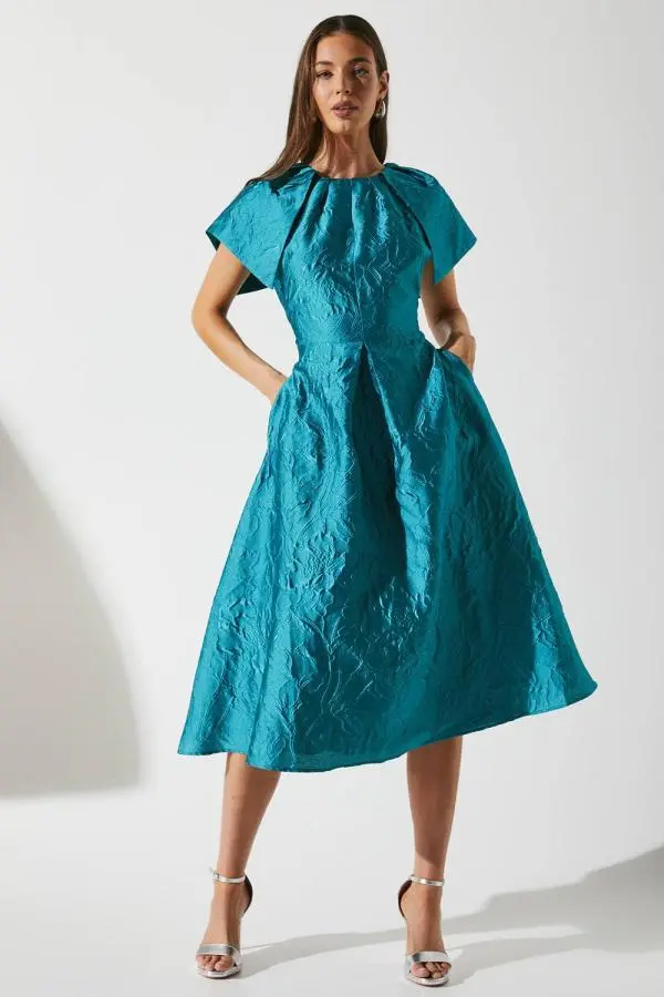 Coast Women's Cape Sleeve Detail Jacquard Midi Wedding Guest Dress in Teal