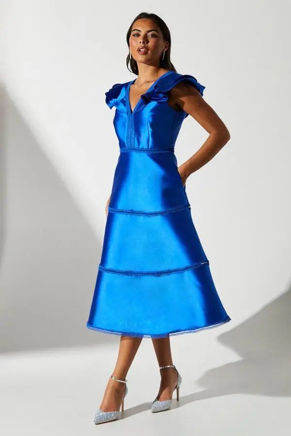 Coast Women's Ruffle Sleeve Lace Panelled Twill Dress in Cobalt 