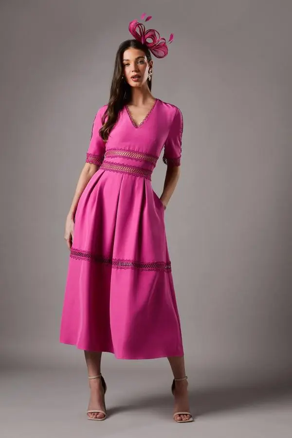 Coast Women's Crochet Insert Crepe V Neck Midi Dress in Pink 