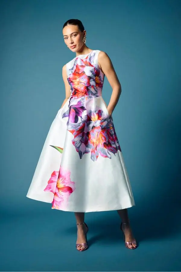 Coast Women's Pocket Satin Twill Placement Print Midi Dress in Ivory 