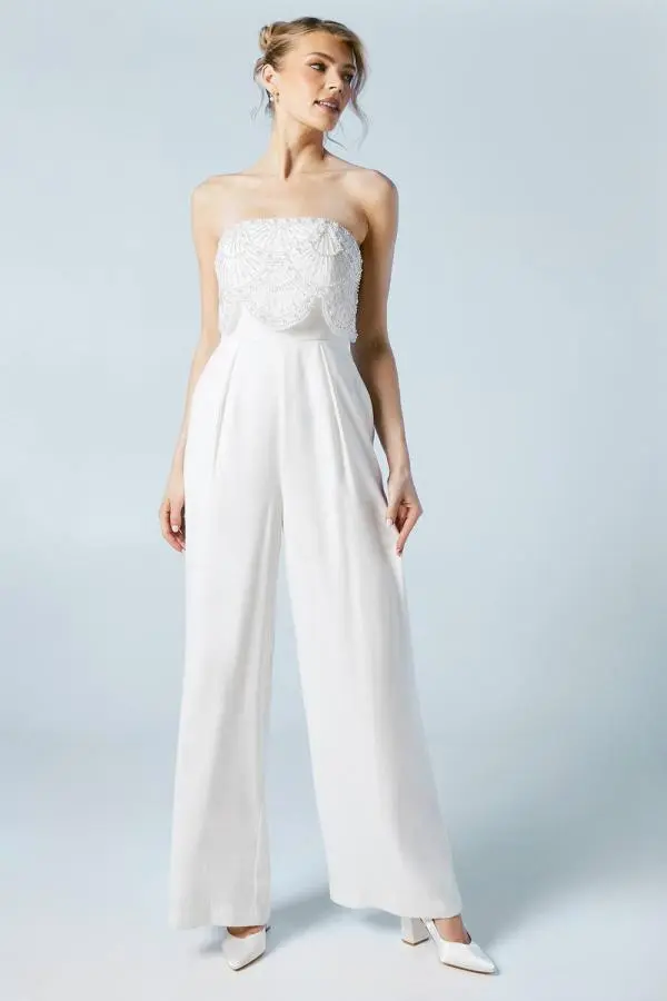 Coast Women's Premium Crepe Scallop Pearl Detail Bridal Jumpsuit in Ivory