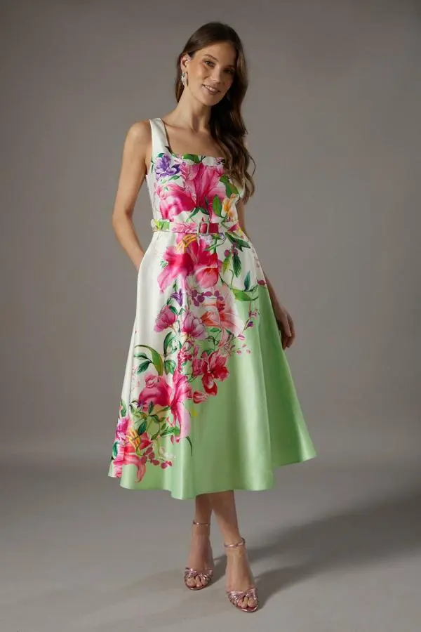 Coast Women's Belted Square Neck Placement Print Midi Dress in Green 